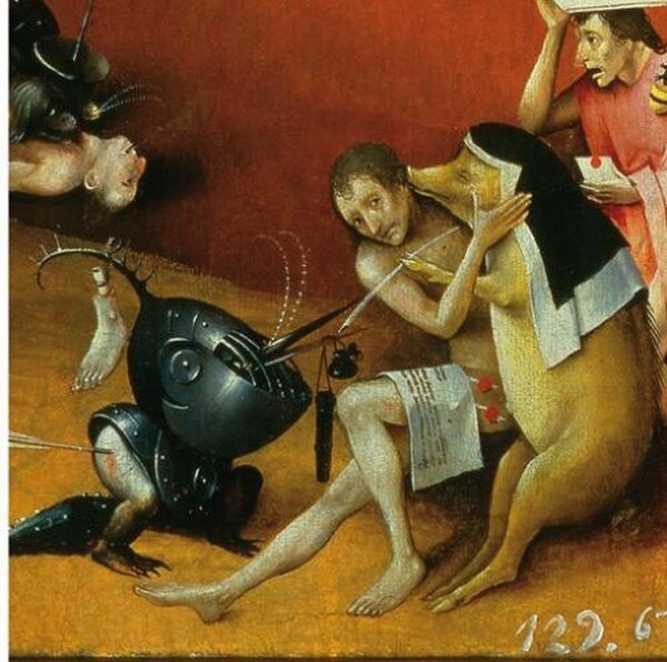Statue Helmeted Bird Monster Tortured Soul Sister Swine by Bosch Painting